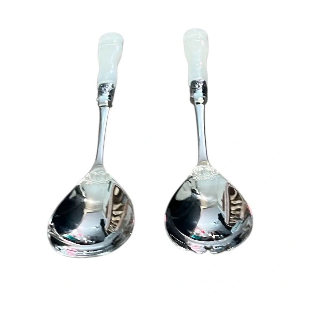 Pair Vintage SLAH Faux Carved Mother of Pearl Handles Salad Serving Spoon & Fork